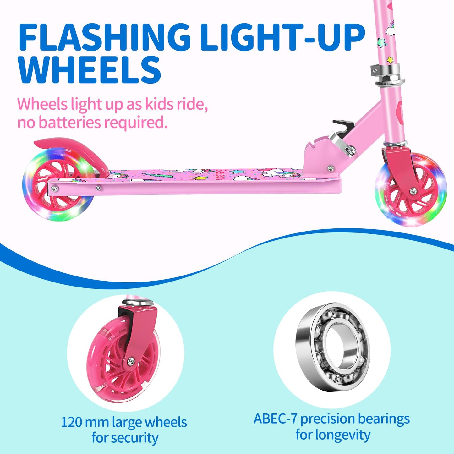 BELEEV V1 Scooter for Kids, 2 Wheels Folding Kick Scooter for Children Girl and Boys, 3 Adjustable Height, Flashing Light up Wheels, Lightweight
