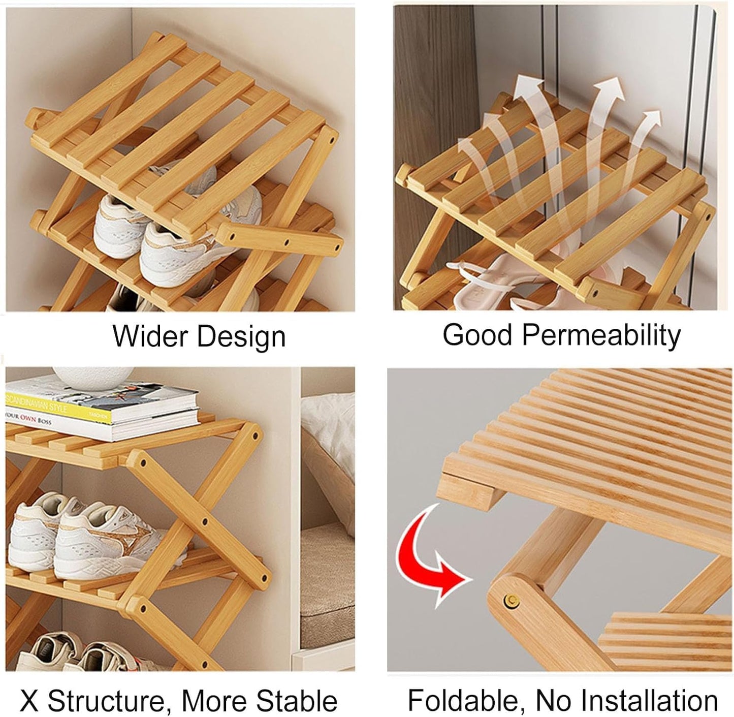 Kiss Me Bamboo 8-Tier Vertical Narrow Folding Shoe Rack