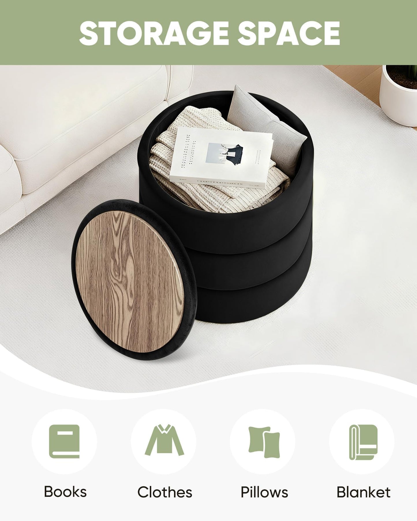 Bonlife Storage Ottoman Round - Folding Foot Rest with Hidden Storage, Black Velvet 39x39x37cm for Living Room, Bedroom & Hallway