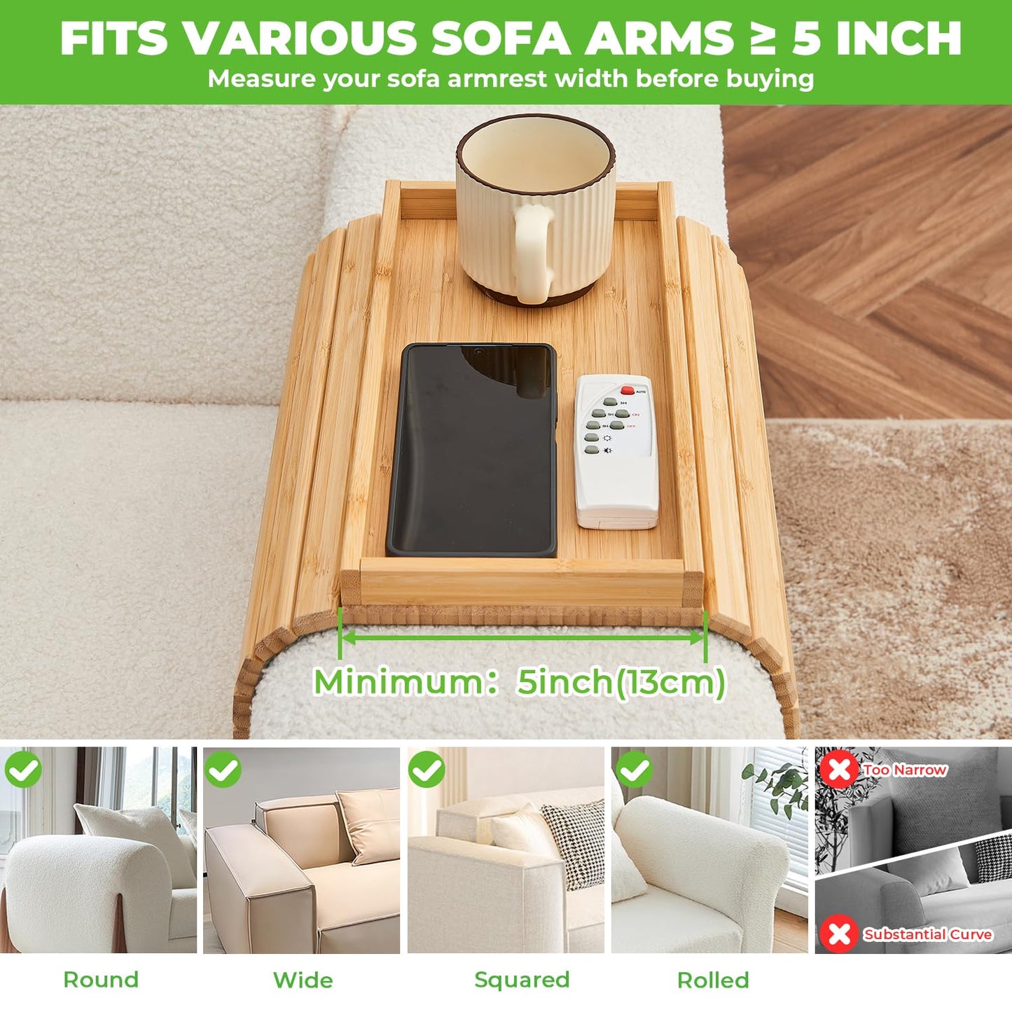 LOVYANXUE Bamboo Sofa Arm Tray, Anti Falling Couch Arm Tray Table, Foldable Couch Armrest Table, Portable Sofa Armrest Trays Cup Holder for Drink