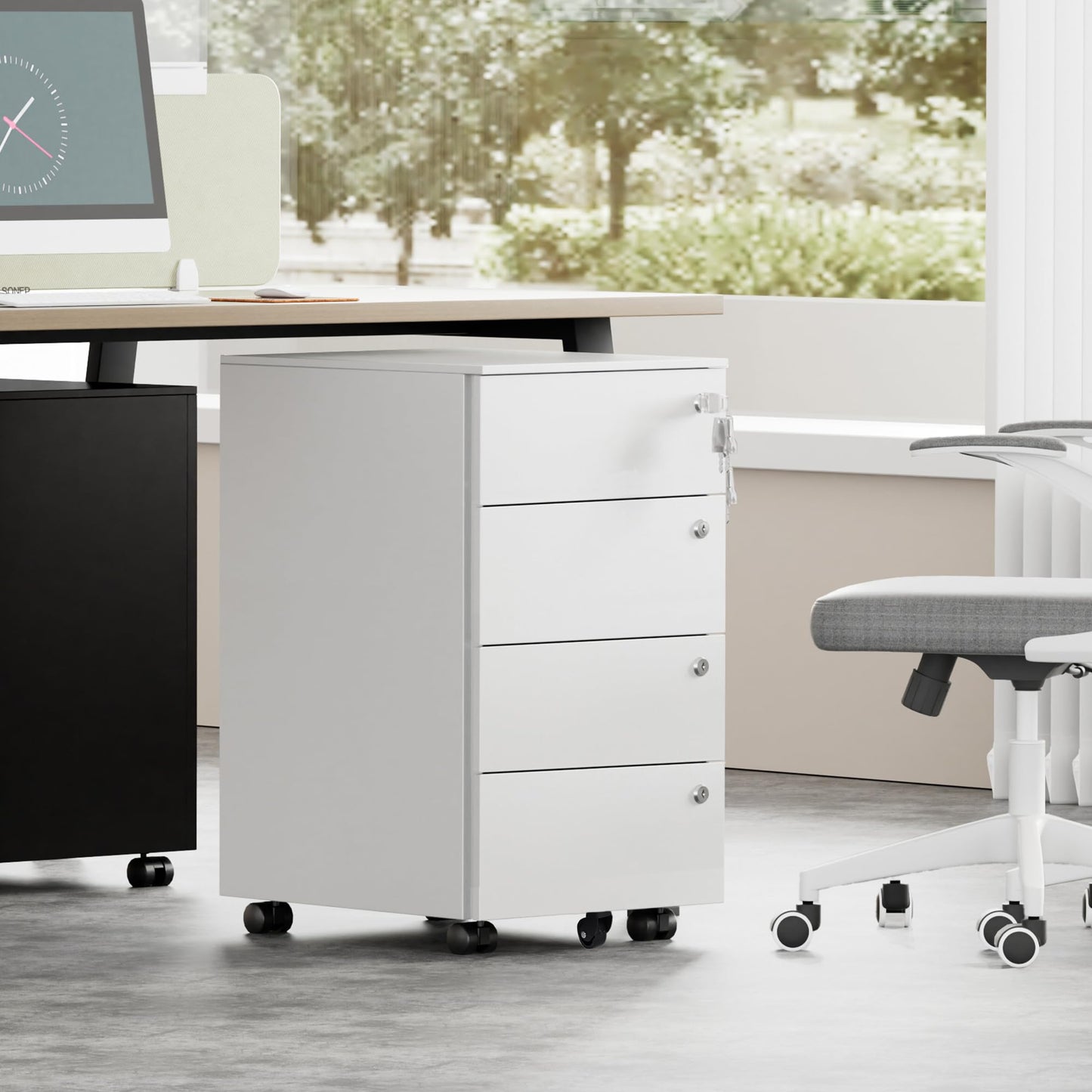 HOMSTEEL Mobile File Ccabinet, Filing Cabinet with 4 Lock, 4 Keys, 4 Drawers, Metal Cabinet, Pre-assembled, for Office, Home Office, White