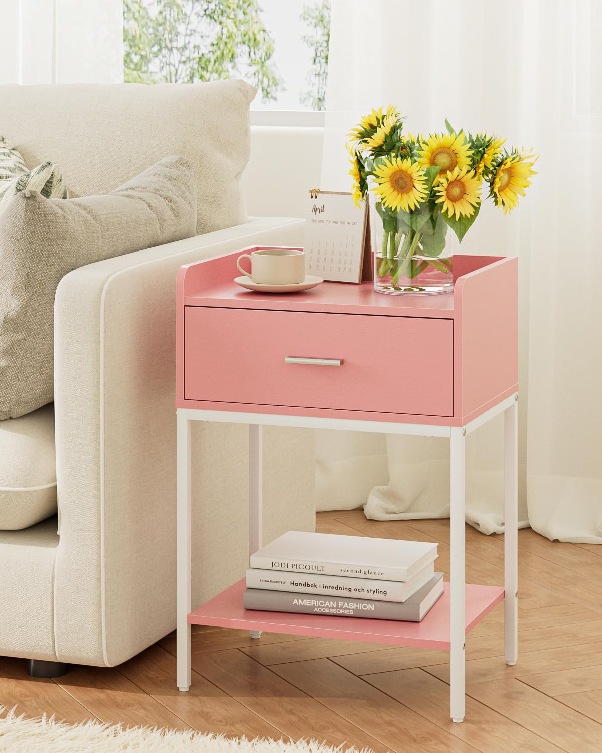 HEYZOEY Bedside Table, 3-tier Modern Bedside Table with Storage Drawer and Shelf, Small Side Table for Bedroom, Living Room, Pink