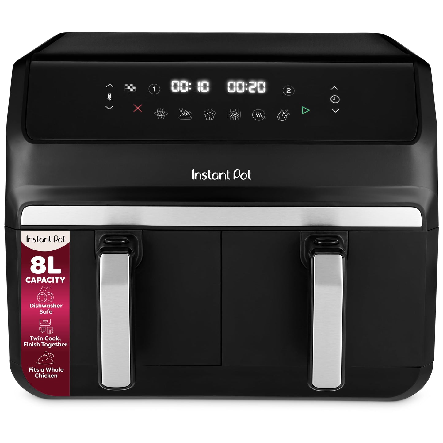 Instant Pot - Vortex Dual Black Air Fryer - Large 8L, Family Size, Twin, Double 4L Basket, 8 in 1 - Food Dehydrate, Grill, Bake, Roast, Reheat,
