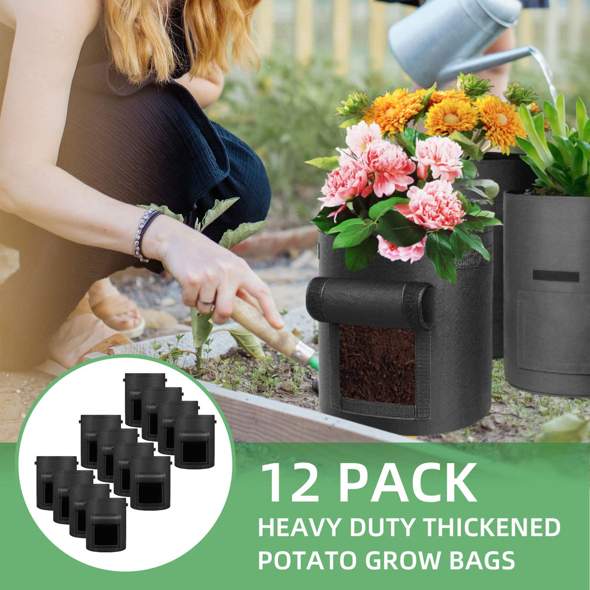 LITLANDSTAR 12 Pack 10 Gallon Potato Grow Bags, Heavy Duty Nonwoven Fabric Garden Planting Bag Plant Container with Flap and Handles, Aeration Fabric