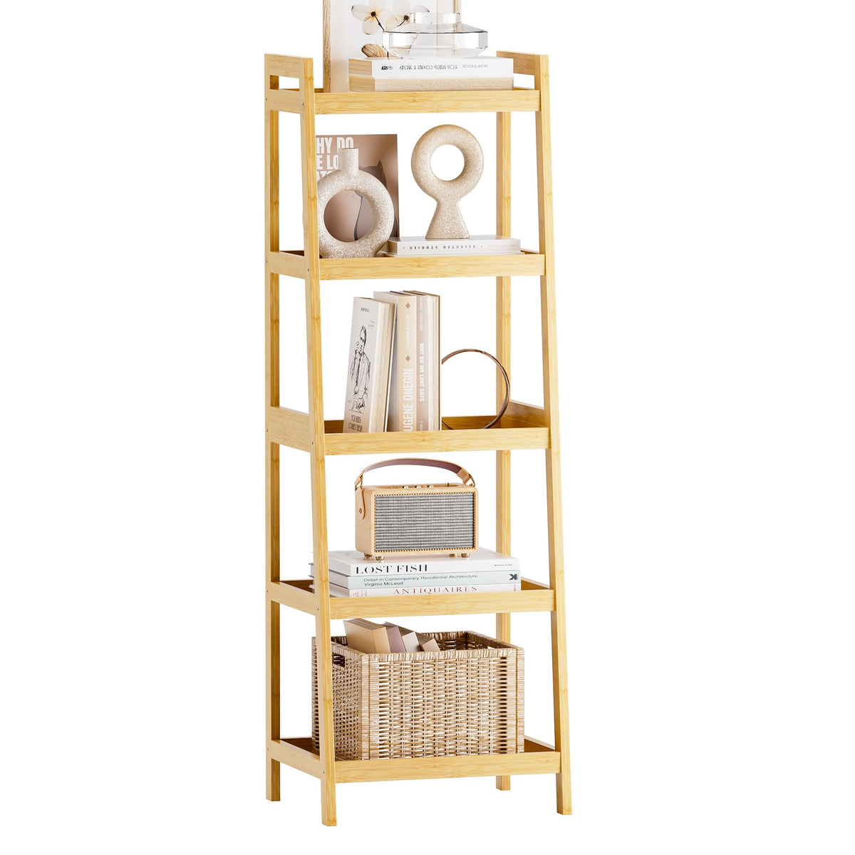 SMIBUY Bamboo Ladder Bookcase, Bathroom Storage Rack Organizer, 4 Tier and 5 Tier Freestanding Plant Display Stand Space Saver Shelves for Bedroom