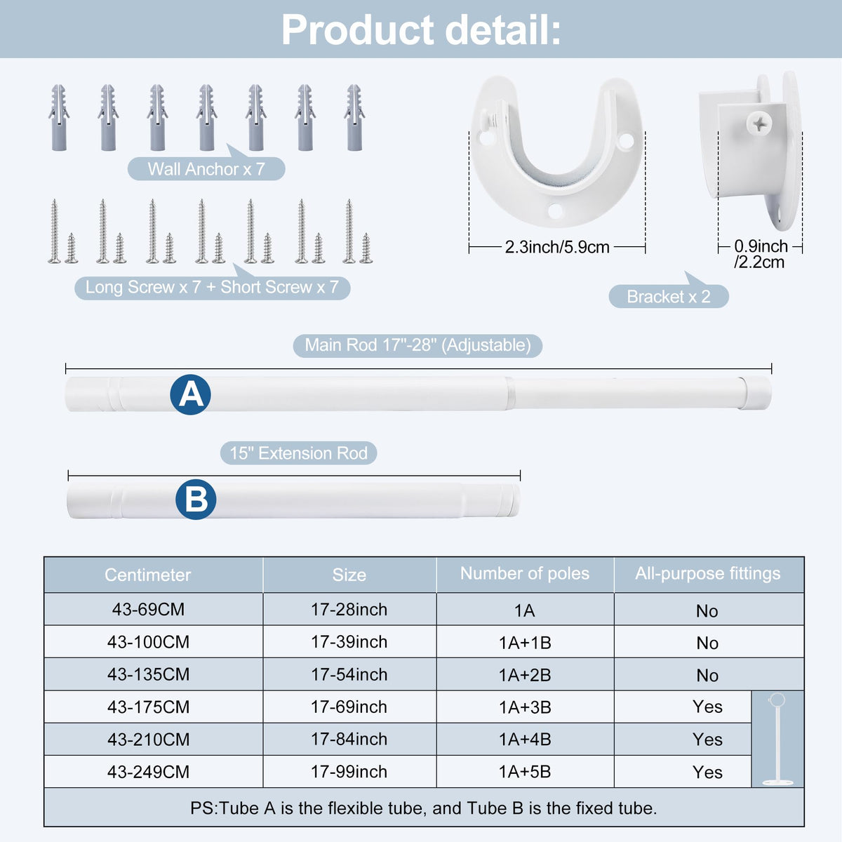 Wardrobe Rail,Extendable Clothes Rails, Stainless Steel adjustable wardrobe pole with Fixing Sockets and Screws for Wardrobe and Cupboard