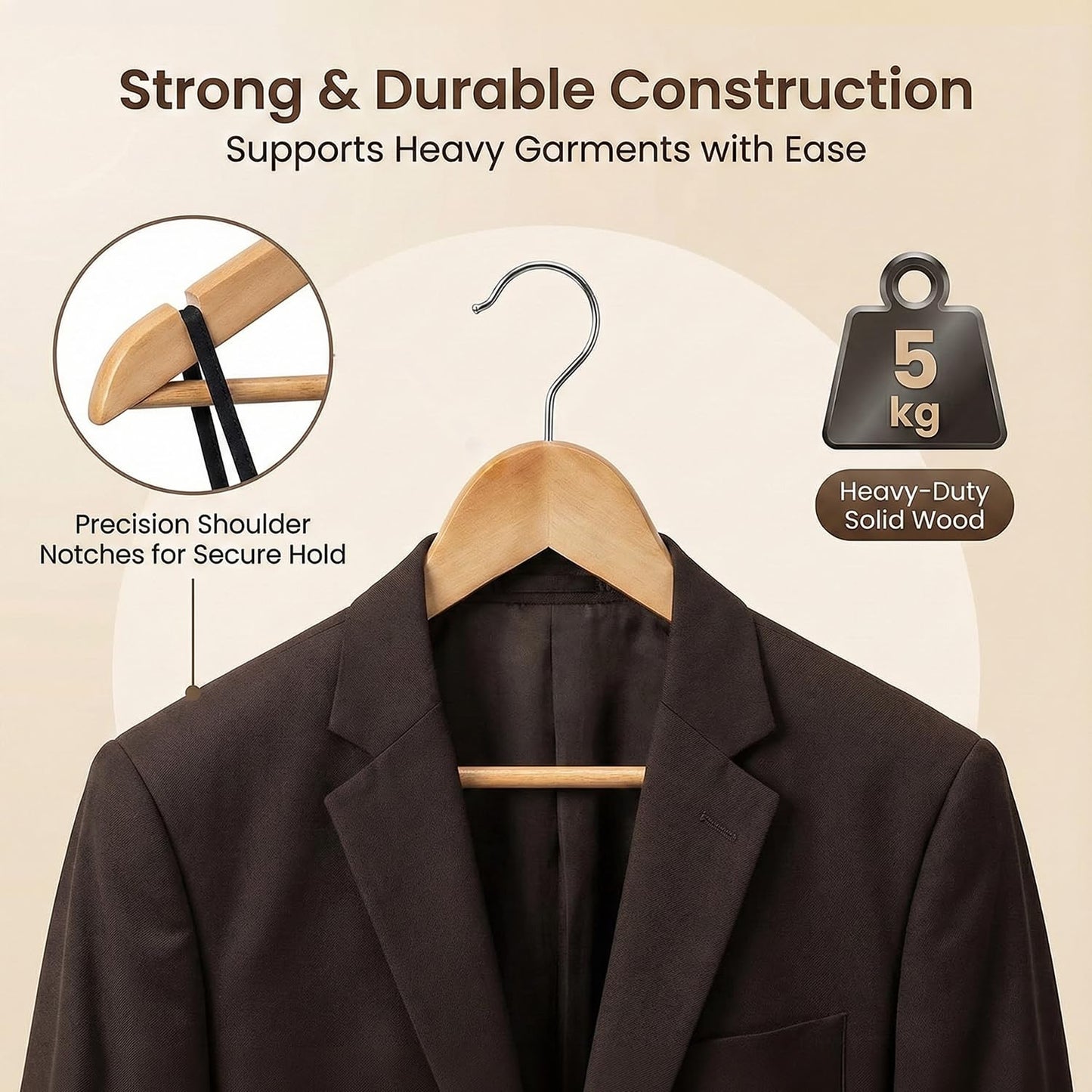 DrySmart 40 Pack Wooden Coat Hangers with 360° Swivel Hook, Round Trouser Bar & Shoulder Notches – Durable Space-Saving Closet Hangers for Men & Women