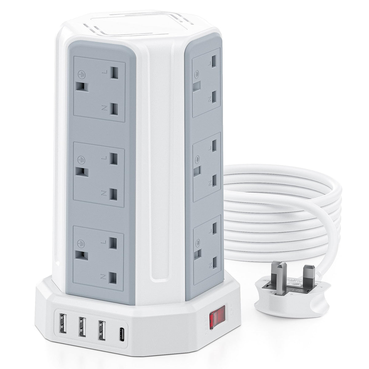 Tower Extension Lead 3M, Aodeng 12 Way Extension Tower Multi Plug Extension Sockets with 4 USB Slots, [13A 3250W] Surge Protector Extension Cable 3M