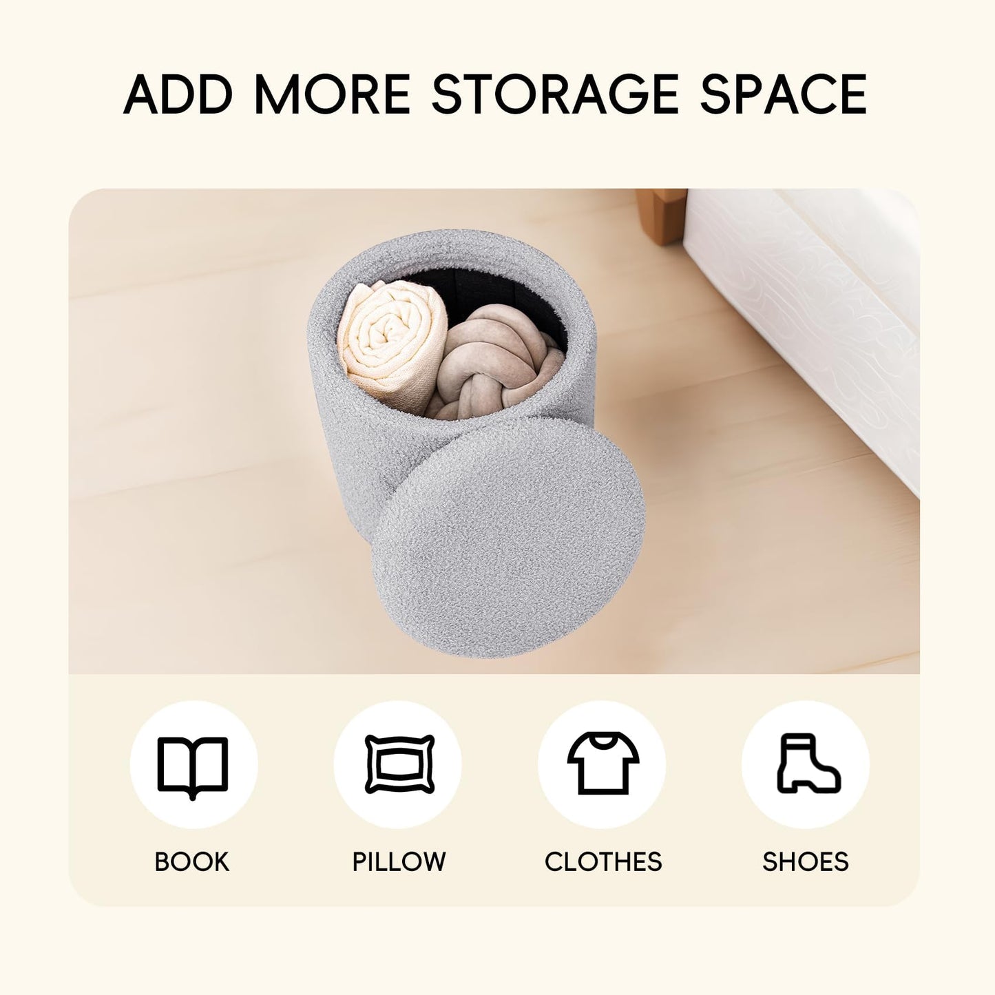 PINPLUS Round Ottoman Storage Box, Folding Stool, Grey, 33x33x35 cm