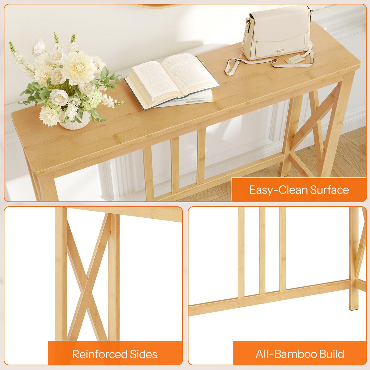 HOOBRO Slim Console Table for Hallway, 100 cm Bamboo Behind Sofa Table, Narrow Hallway Table with X-Shaped Side Frames, Modern Side Table