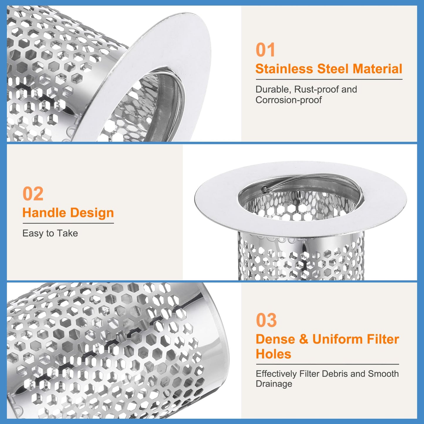sourcing map 4 Pack Shower Drain Strainer, 2" x 2" 304 Stainless Steel Floor Drain Strainer Deep Sink Hair Catcher for Kitchen Bathroom Balcony Floor