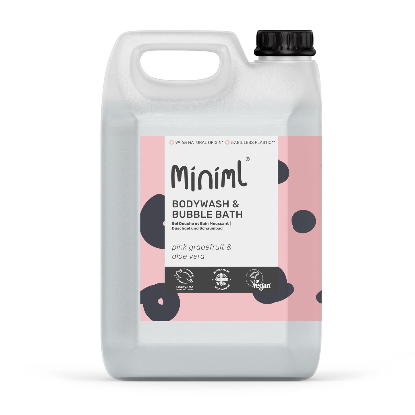 Miniml All Natural Body Wash and Bubble Bath - 5L Refill Moisturising Pink Grapefruit and Aloe Vera Sensitive Skin Eco Shower Gel Bath Soak - Vegan