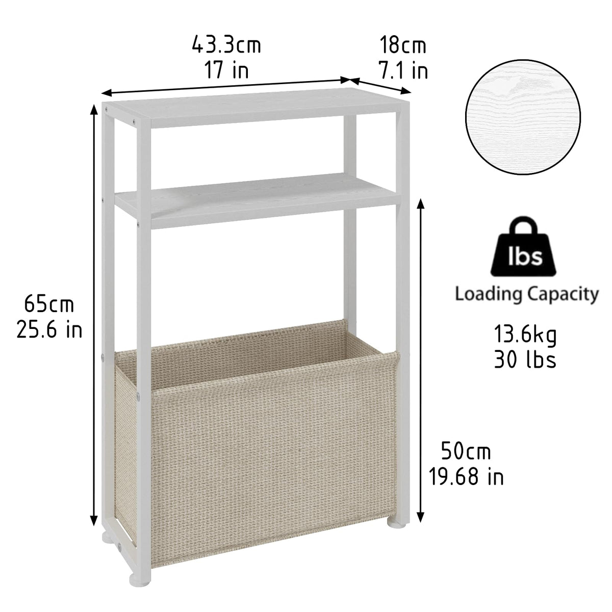 JERX Narrow Side Table with Fabric Basket, End Table for Small Spaces, Slim Side Table with Magazine Rack for Living Room Office Bedroom and Bathroom