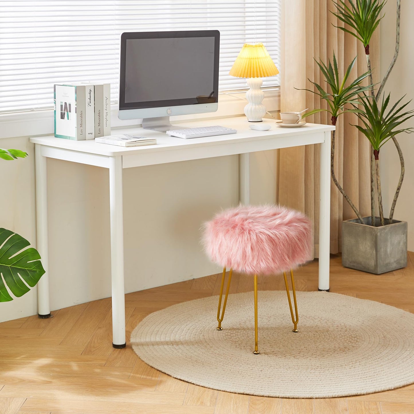 IBUYKE Faux Fur Vanity Chair, Furry Makeup Stool Ottoman, Pink L/G-32P