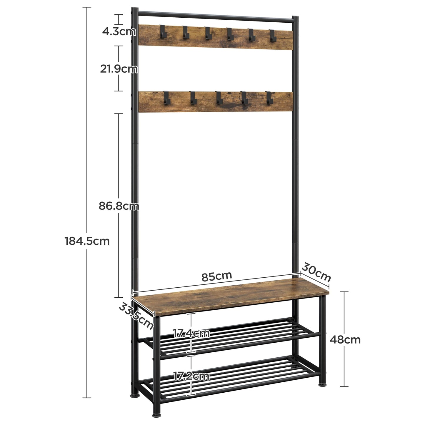 Yaheetech 3-in-1 Coat Rack Shoe Bench Industrial Hall Tree, Rustic Brown