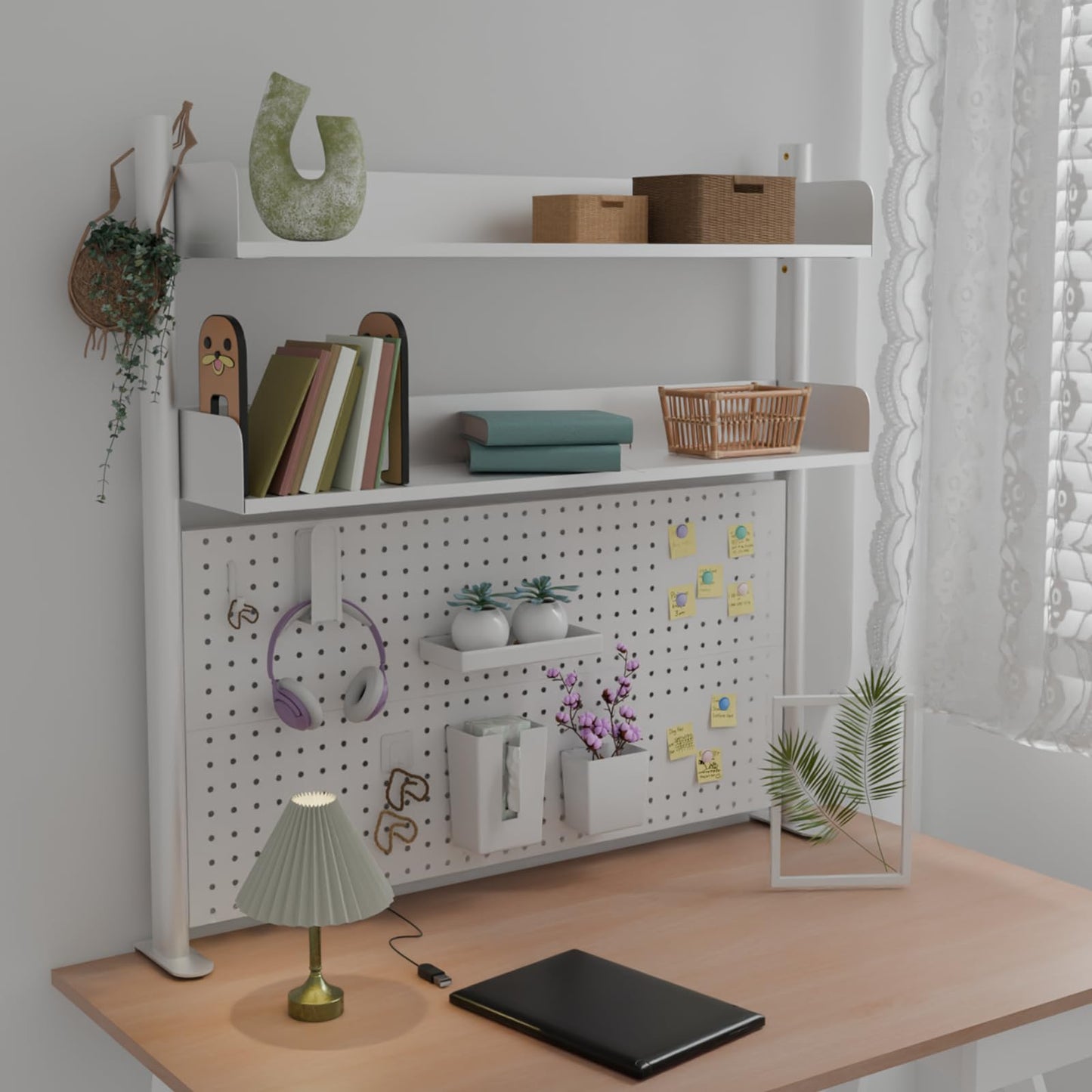 Boltmol Clamp-on 2-Tier Desk Shelf,White 100CM, Desktop Organizer With Pegboard, Countertop Storage Bookcase For Home, Office Or Dorm
