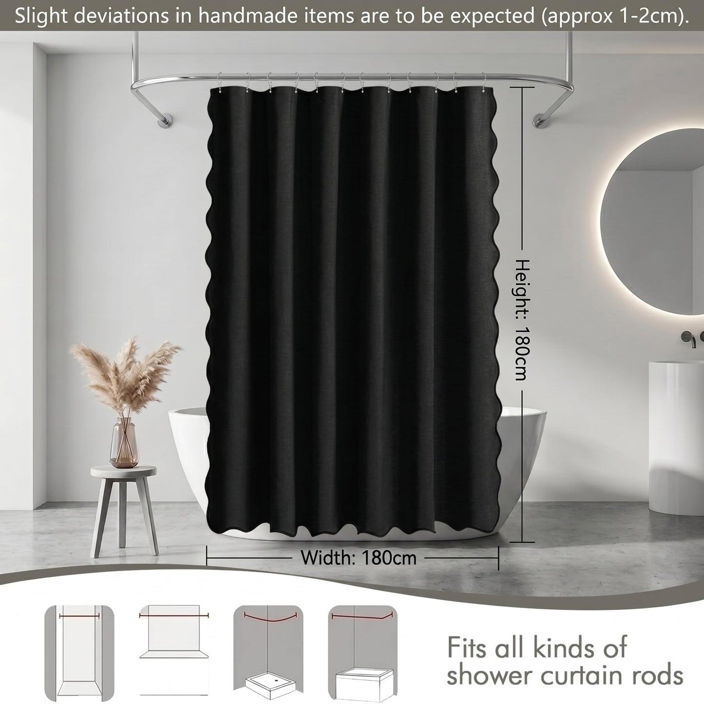 Bingobang Shower Curtain Scalloped Linen Waterproof Anti Mould, Black