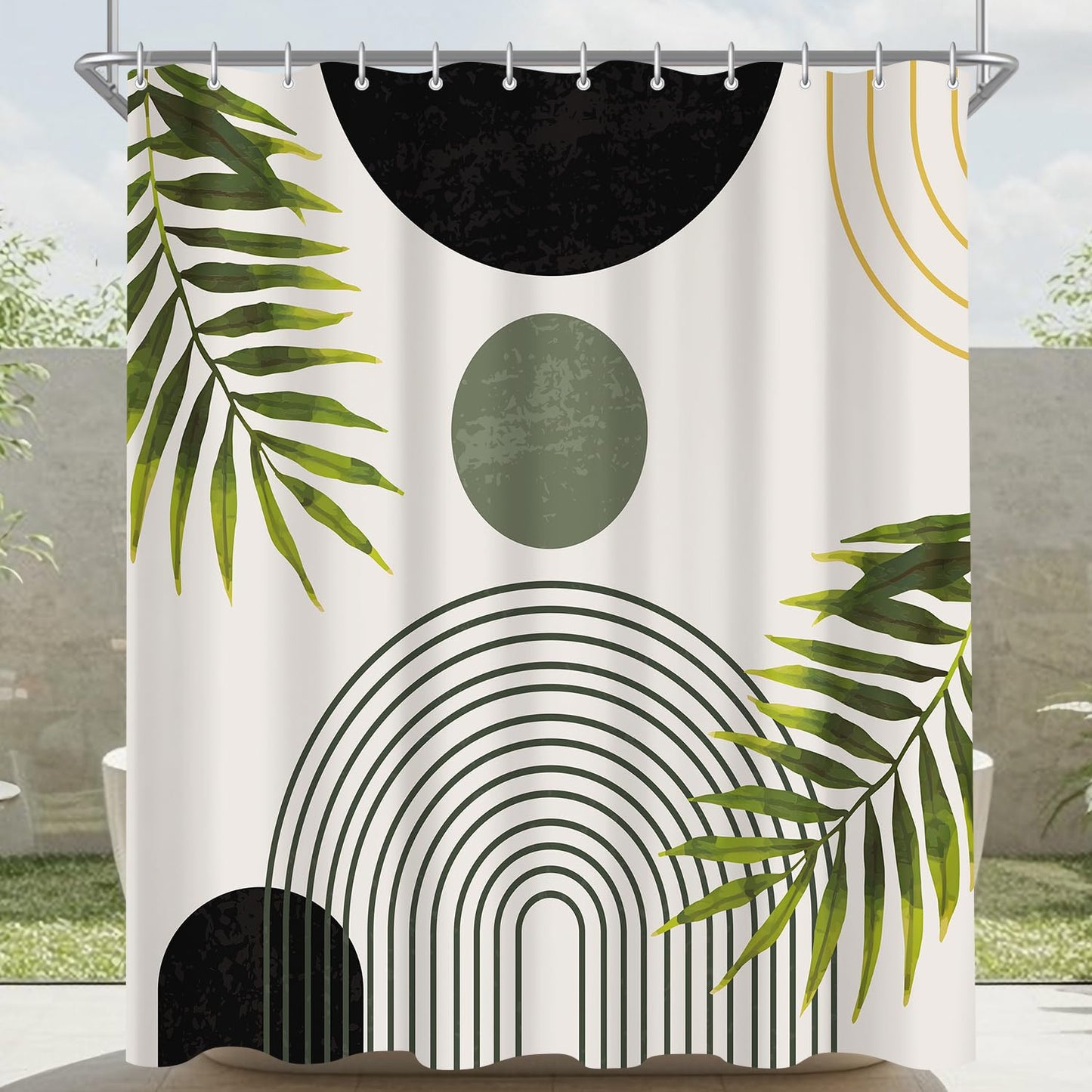 Shower Curtain, 120 x 200 cm, Black Leaves Line, Weighted Hem, Anti-Mould Textile, Water-Repellent, Washable Polyester Bath Curtains with 8 Eyelets