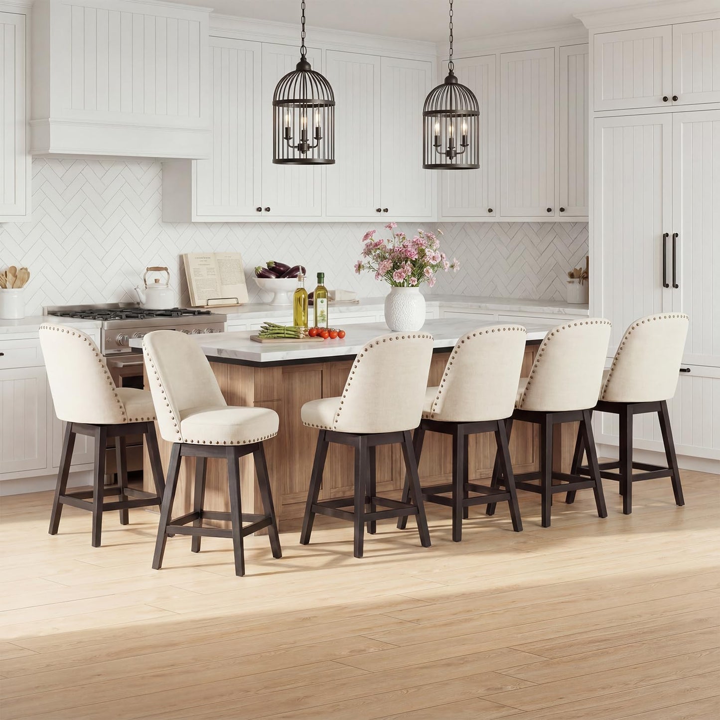 Bar Stools Set of 6, 360° Swivel Counter Stools with Upholstered Seat, Wooden Frame & Nailhead Trim