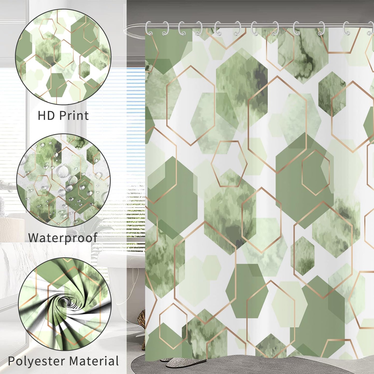 Hnmdmyi Sage Green Shower Curtain 180x200, Modern Geometric Hexagon Abstract Art Bathroom Curtains Waterproof Polyester Fabric Washable Bath Curtains