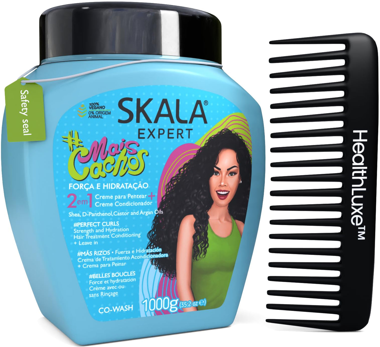 SKALA Mais Cachos Curly Hair Treatment 3ABC - Anti-Frizz, 2-in-1 Conditioning & Detangling Cream, Vegan, 1kg with Wide Tooth Hair Comb - Moisturising,