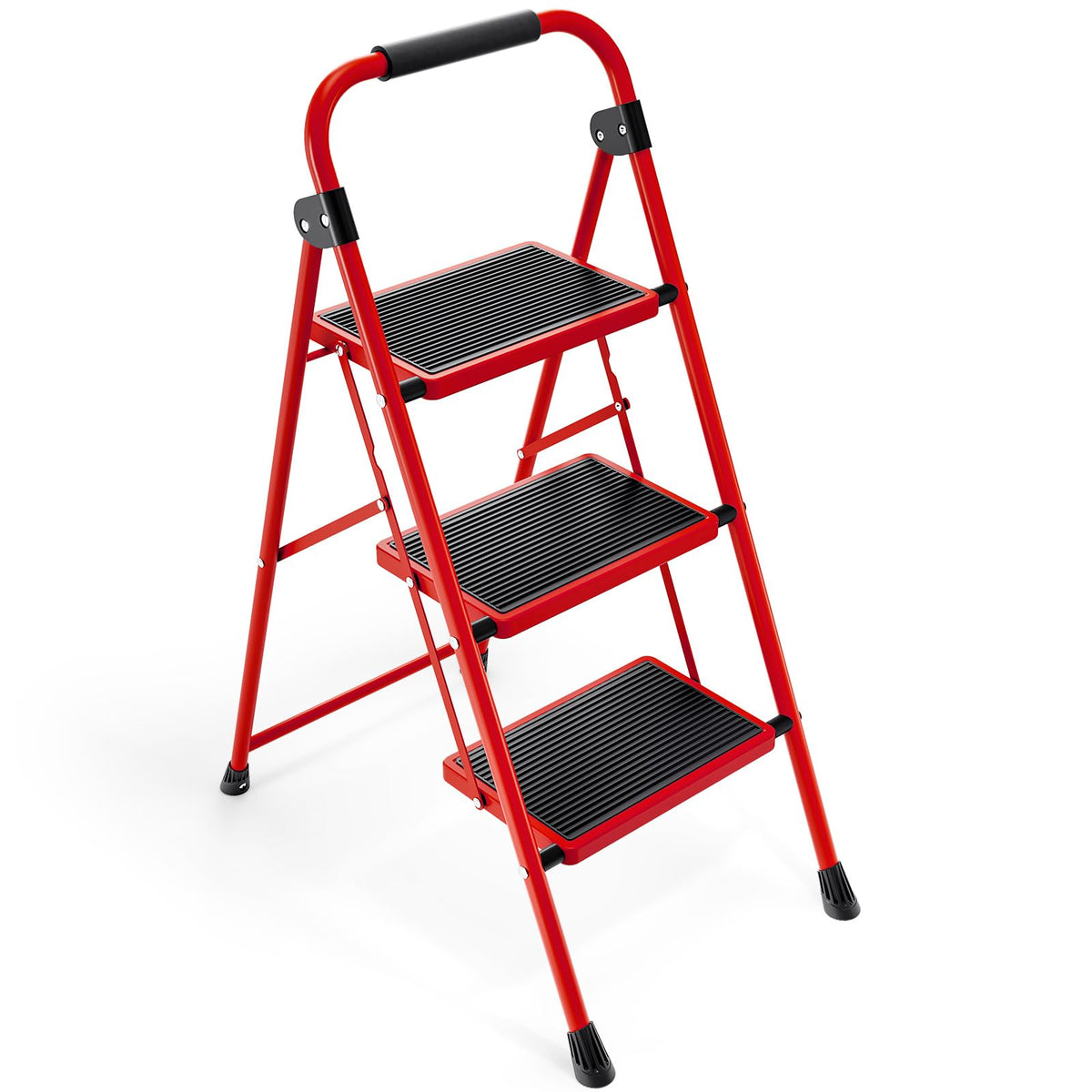 KINGRACK Folding 3-Step Ladder with Non-Slip Pedals, Sturdy Steel, Lightweight & Portable, Red