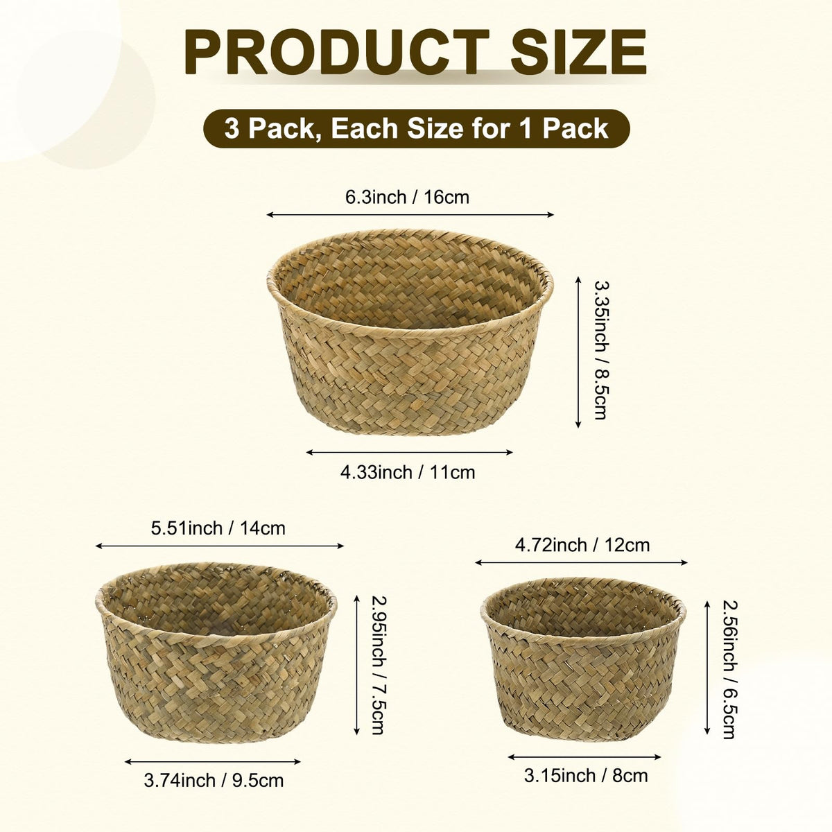 M METERXITY 3-Pack Natural Seagrass Woven Storage Basket, Small Round Storage Seaweed Woven Sundries Baskets for Fruit/Kitchen/Desktop/Household