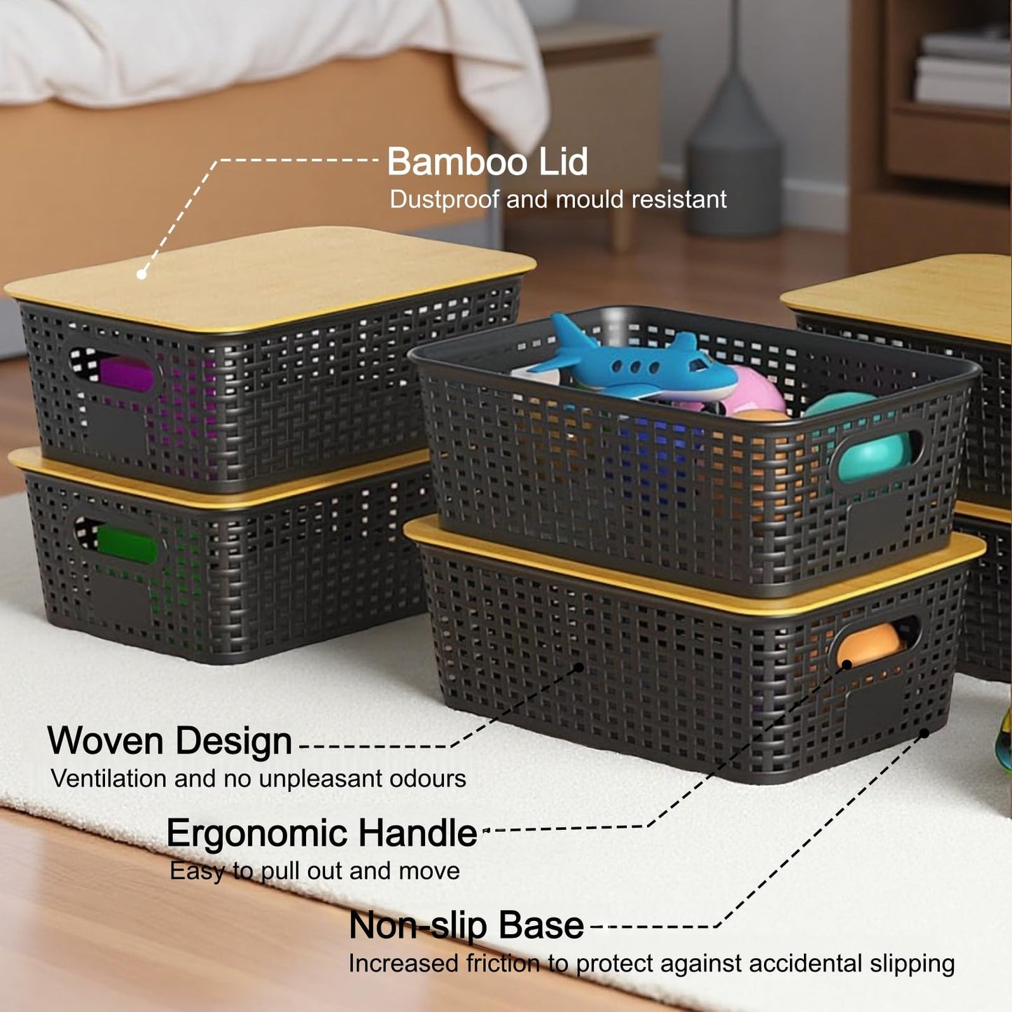 VIIHTYISA Plastic Storage Box with Bamboo Lid, Stackable Storage Baskets, Organizing Box for Shelves, Drawers, Desks, Cabinets, Playrooms and Offices