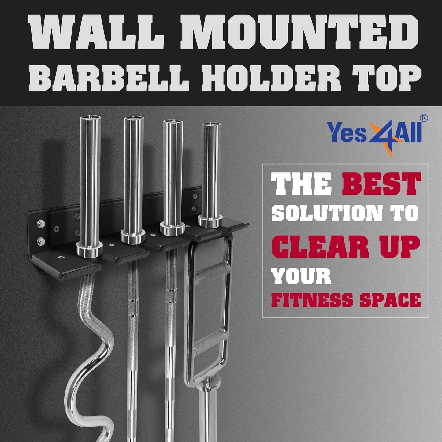 Yes4All Vertical Wall Mounted Olympic Barbell Holder for 4 Bars - Barbell Storage Rack Hanger for Home Gym
