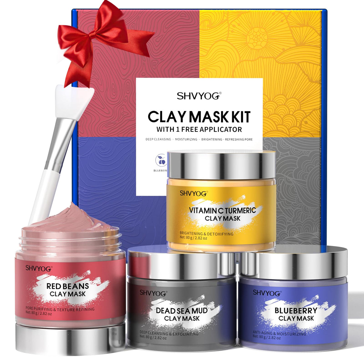 Clay Face Mask Kit, Turmeric & Vitamin C Facial Clay Mask, Dead Sea Mud Mask, Blueberries, Red Beans, Deep Cleansing, Oil Control, Brightens Skin