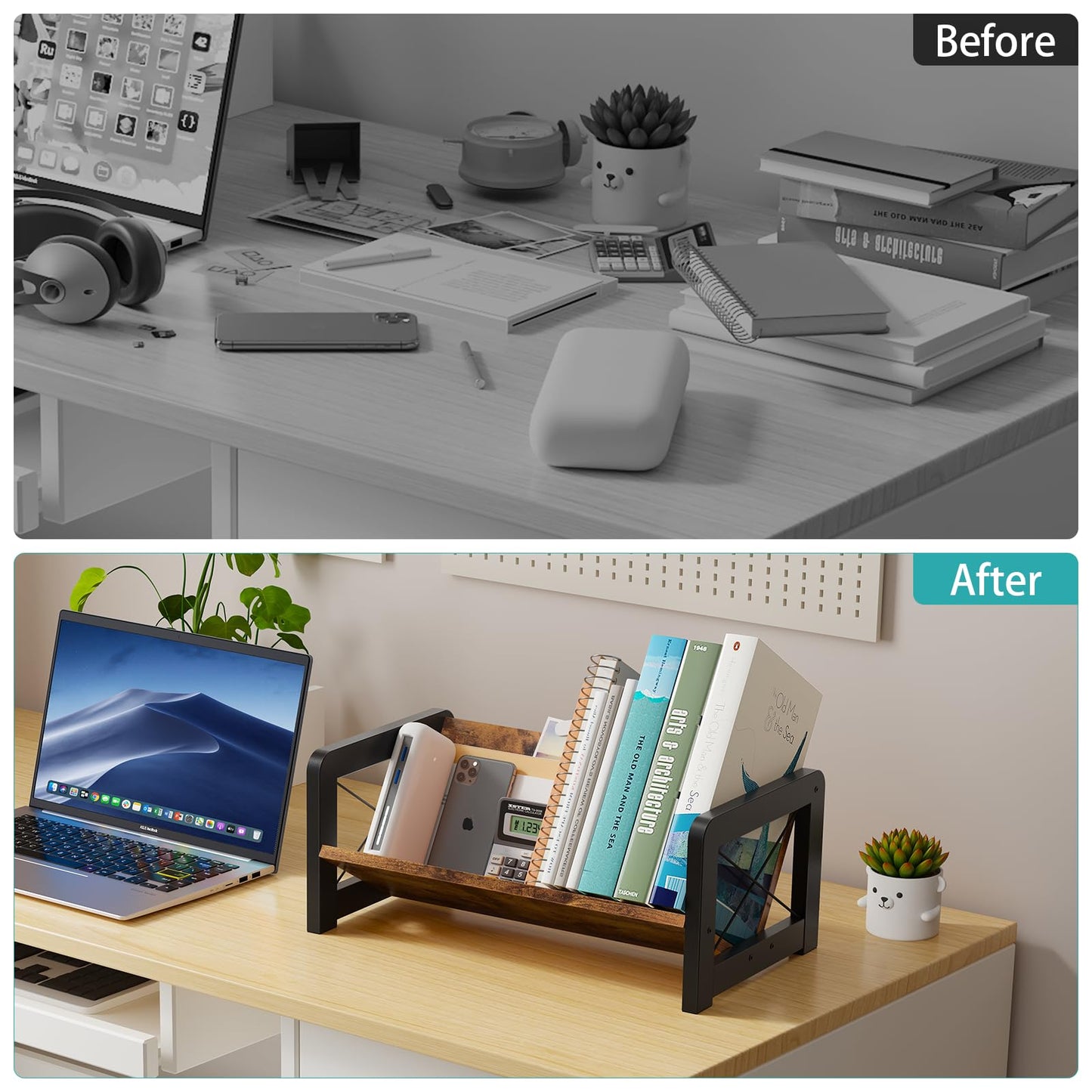 ELITEROO Desktop Bookshelf Organizer, Wood Slanted Desk Bookshelf, Small Tabletop Book Rack, Portable Mini Bookcase for Book Display, Cookbooks