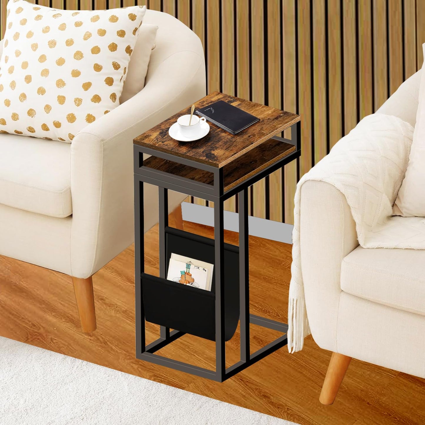 OYE C Shaped Side Table End Table, Industrial Sofa Table with Sliding Keyboard Rack, Laptop Desk for Sofa