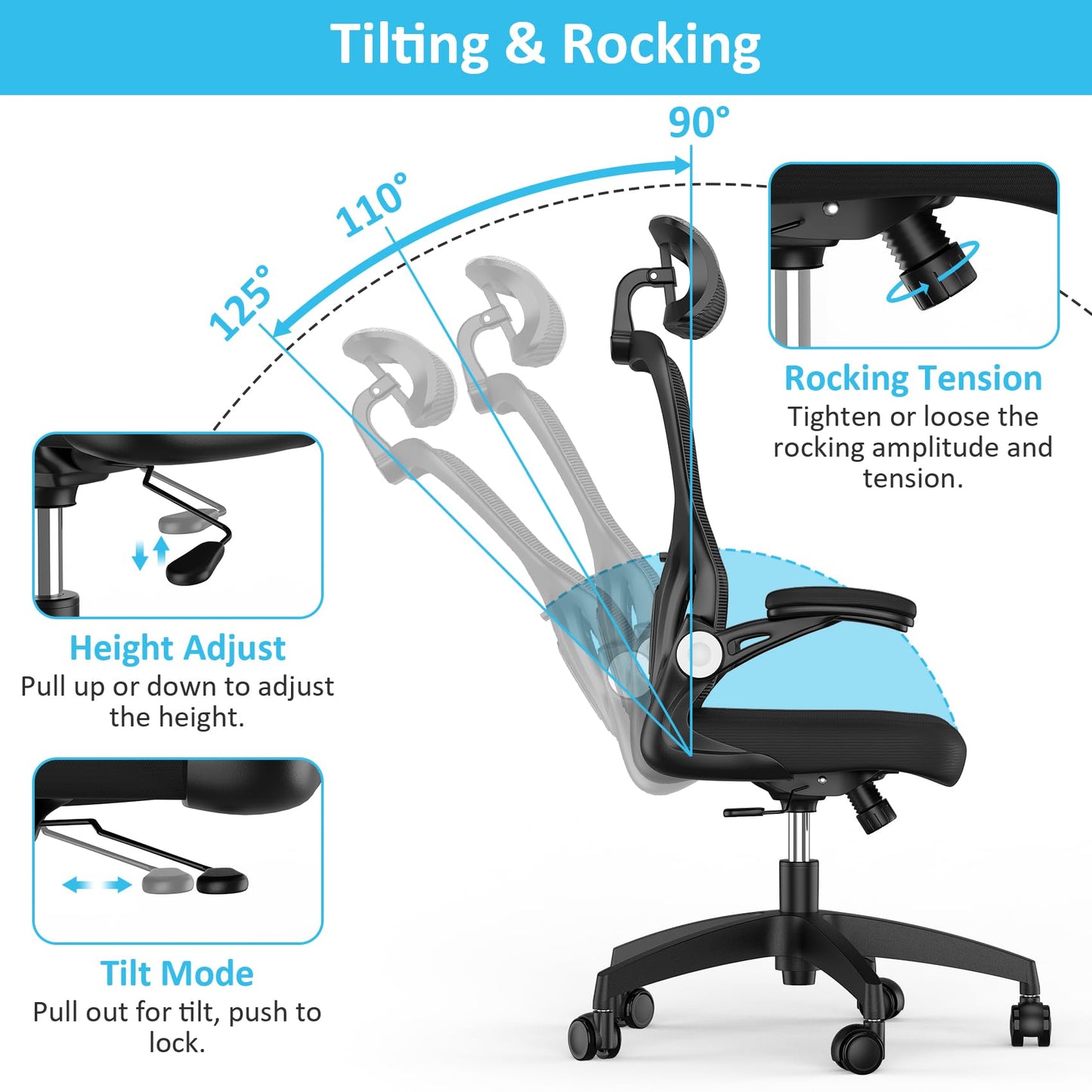 Feonase Ergonomic Office Chair with Adjustable Headrest and Lumbar Support, Mesh Back, Flip-up Armrests and Rocking Function