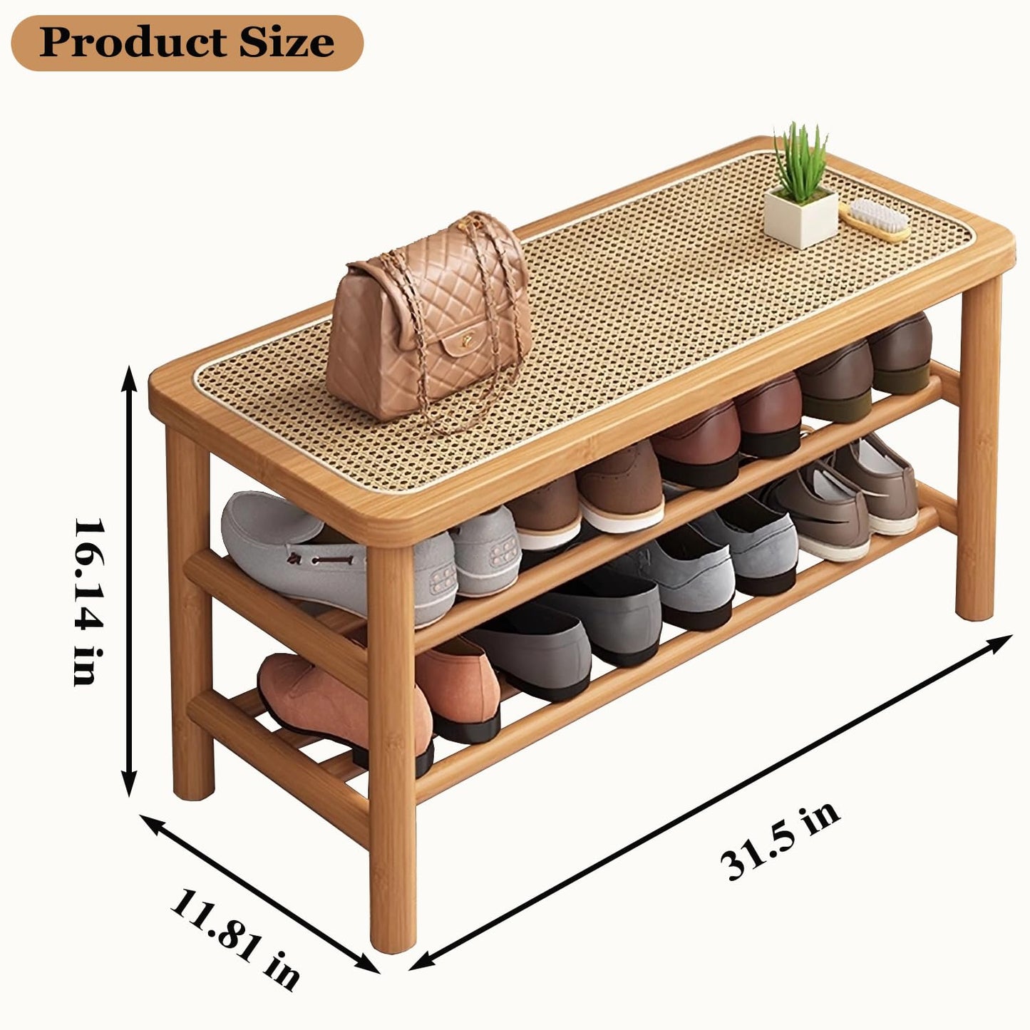 SOBIBO Bamboo Shoe Rack Bench with Rattan Seat, 3-Tier Shoe Storage Bench, Entryway Bench for Hallway，Nature-31.5 inches
