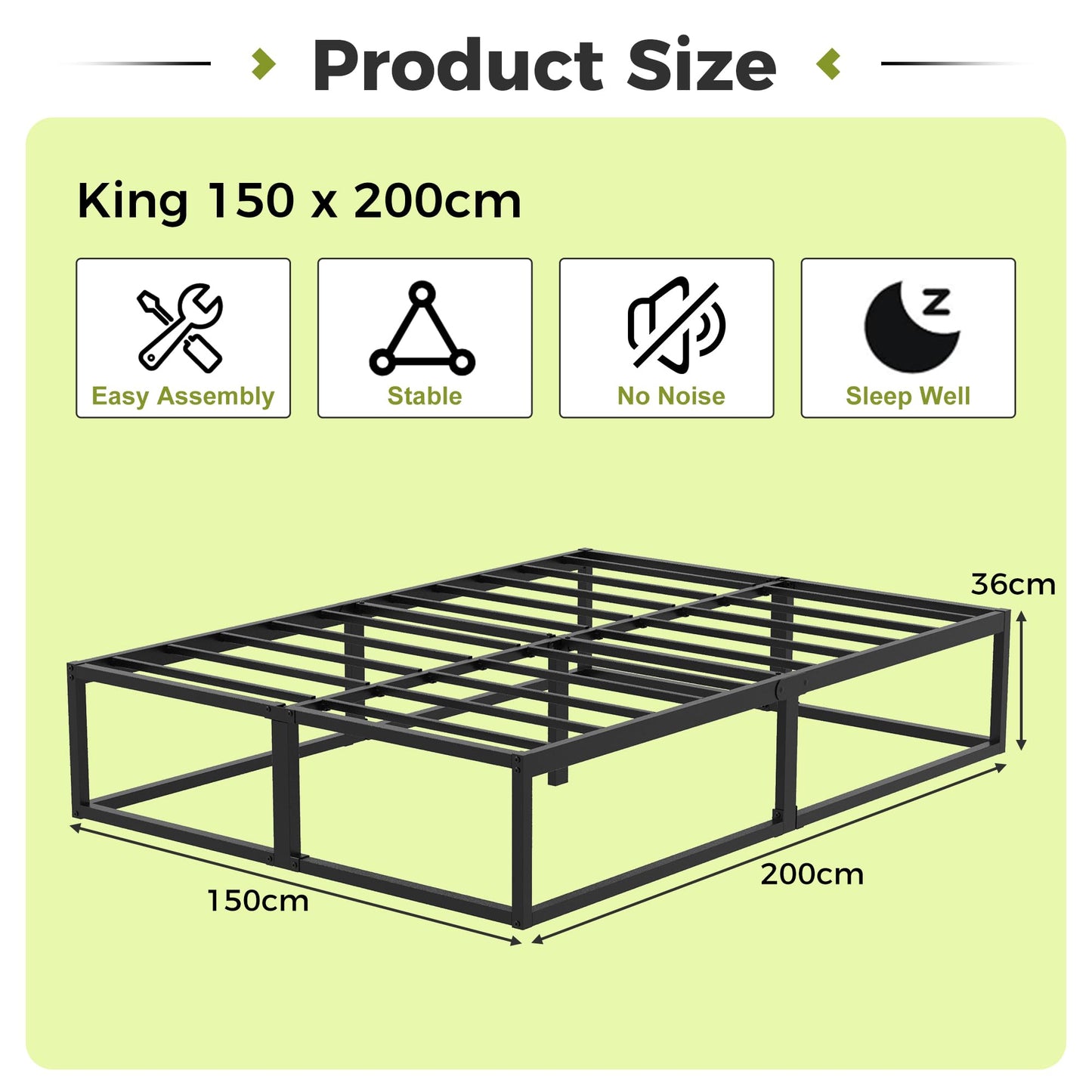 EMODA King Size Bed Frame 36cm High with Steel Slats Support, Black