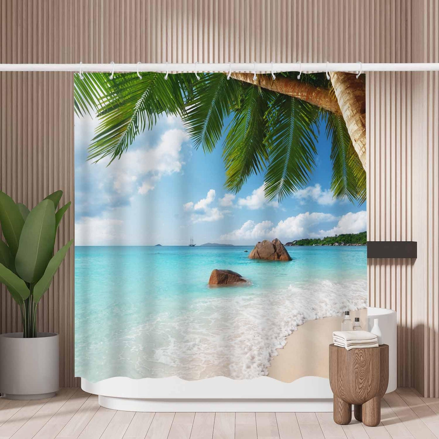 Woutay Shower Curtain Water Repellant Fabric Tropical Beach,Mould Proof Resistant,Polyester,with 12 Plastic Hooks