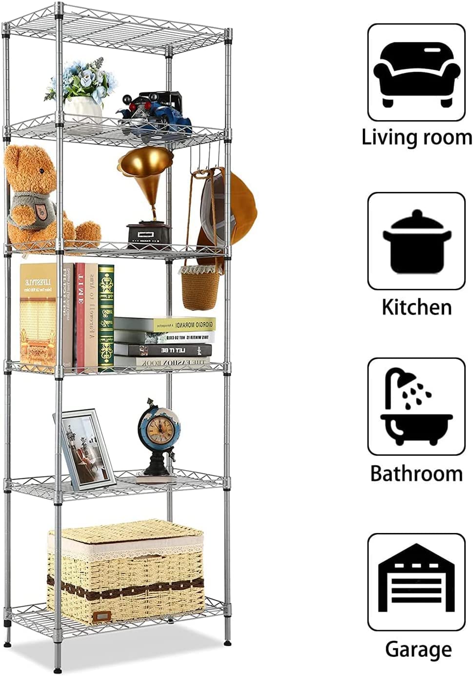 FTEYUET 6-Tier Metal Shelving Unit, Wire Kitchen Storage Unit, Heavy Duty Standing Shelf for Laundry Organization (Silver)