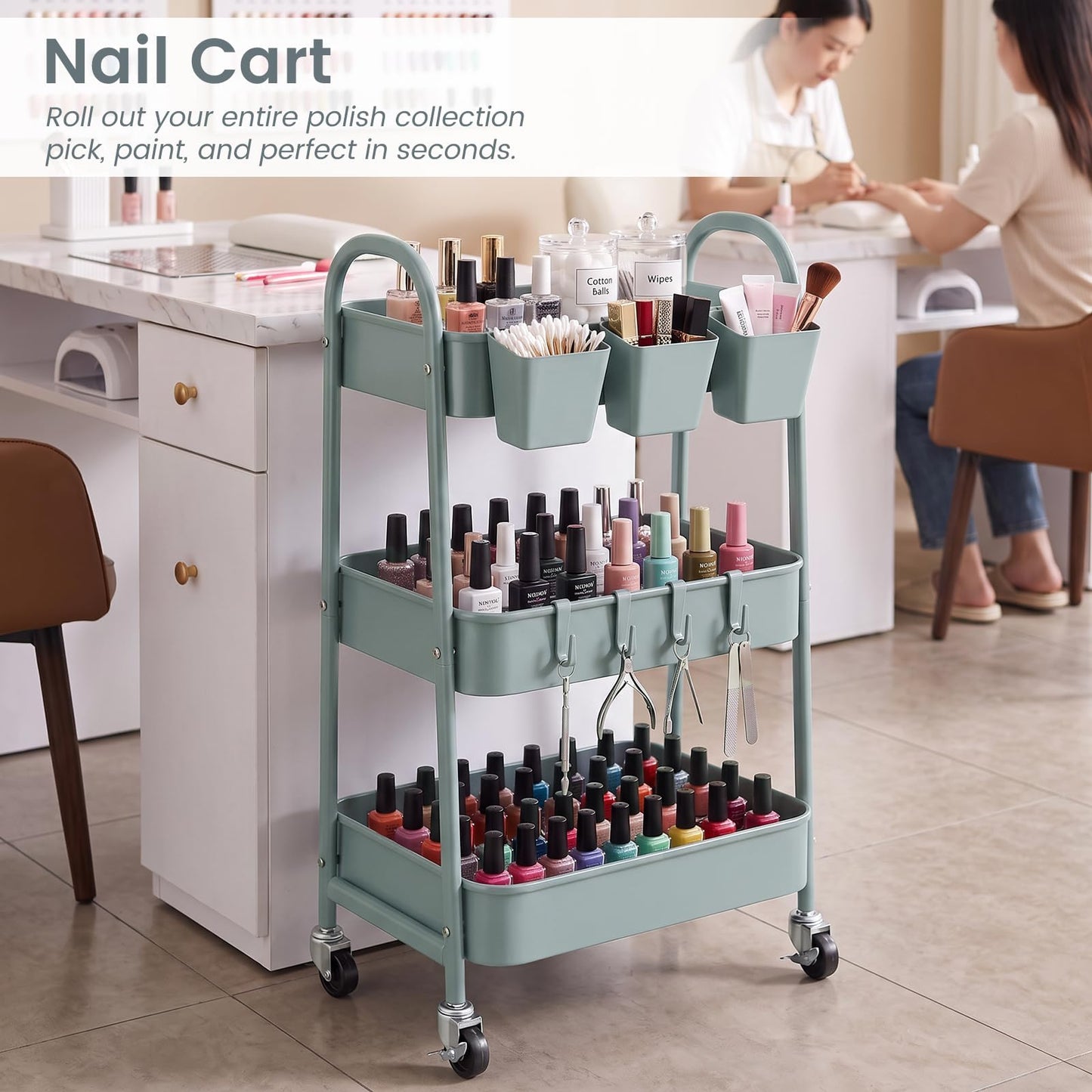 danpinera 3-Tier storage trolley, Metal storage cart with Lockable Wheels & Hanging Cups & Hooks, storage trolley on wheels for bathroom, kitchen