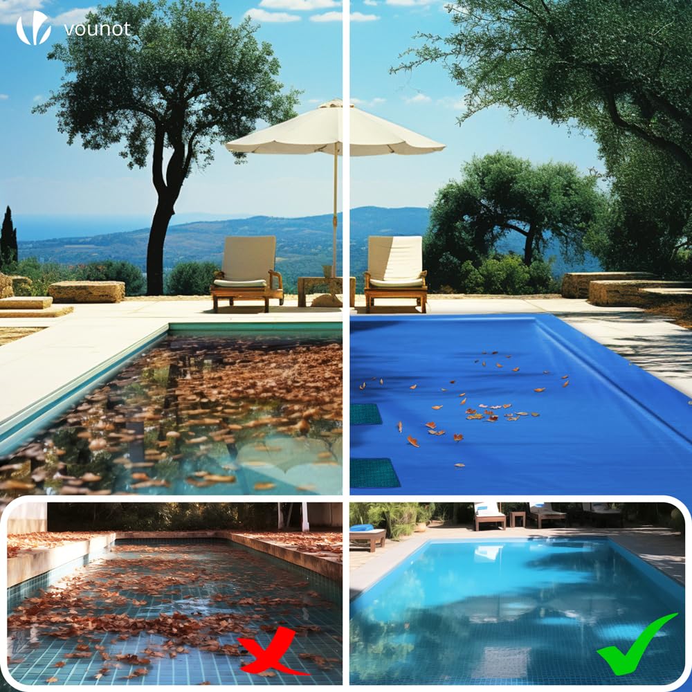 VOUNOT Swimming Pool Cover Rectangular Heavy Duty Double Layer Pool Protective Cover with Drain Net, Aluminum Eyelets Waterproof Cover, 4X8m