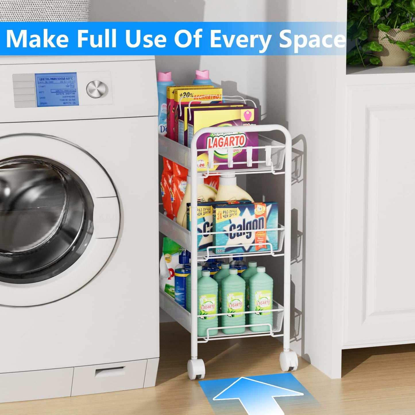 OVICAR Mesh Wire 3 Tier Rolling Cart, Kitchen Storage Utility Cart, Multifunction Basket Stand for Bathroom