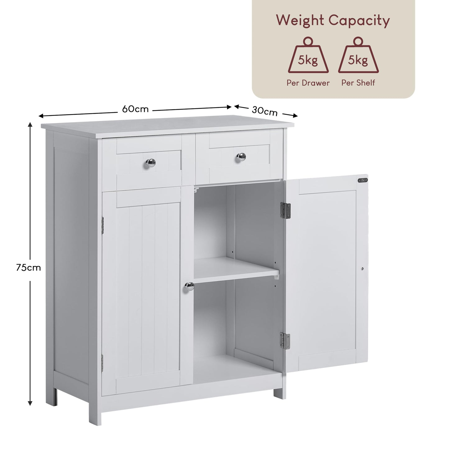 Bath Vida Priano Freestanding 2 Drawer 2 Door Bathroom Floor Cabinet, White