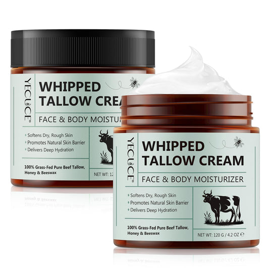 Beef Tallow for Skin Care 2 pack, Tallow and Honey Balm, Tallow Face Cream, Tallow Face Moisturizer, Organic Grass-Fed Whipped Tallow Balm with Raw