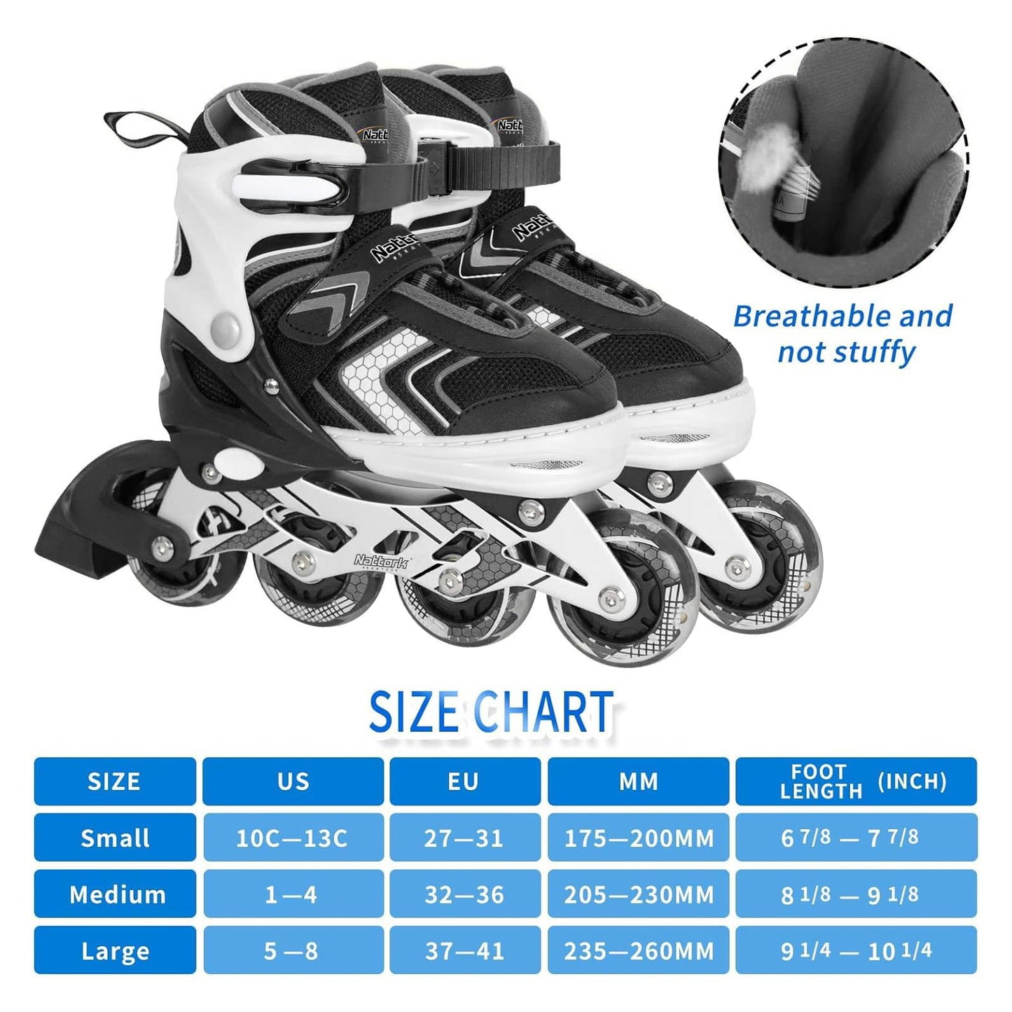 Nattork Roller Skates for Boys with Full Light up Wheels, Adjustable Beginner Inline Skates for Big Kids, Black, Size 1 2 3