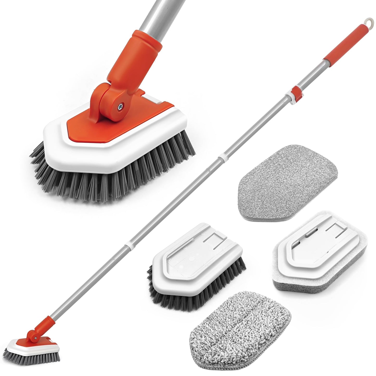 JEHONN 4-in-1 Bathroom Tile Tub Scrubber with 130 CM Long Handle, Upgraded Shower Cleaning Brush, 4 Different Function Scrub Brush Attachments Head