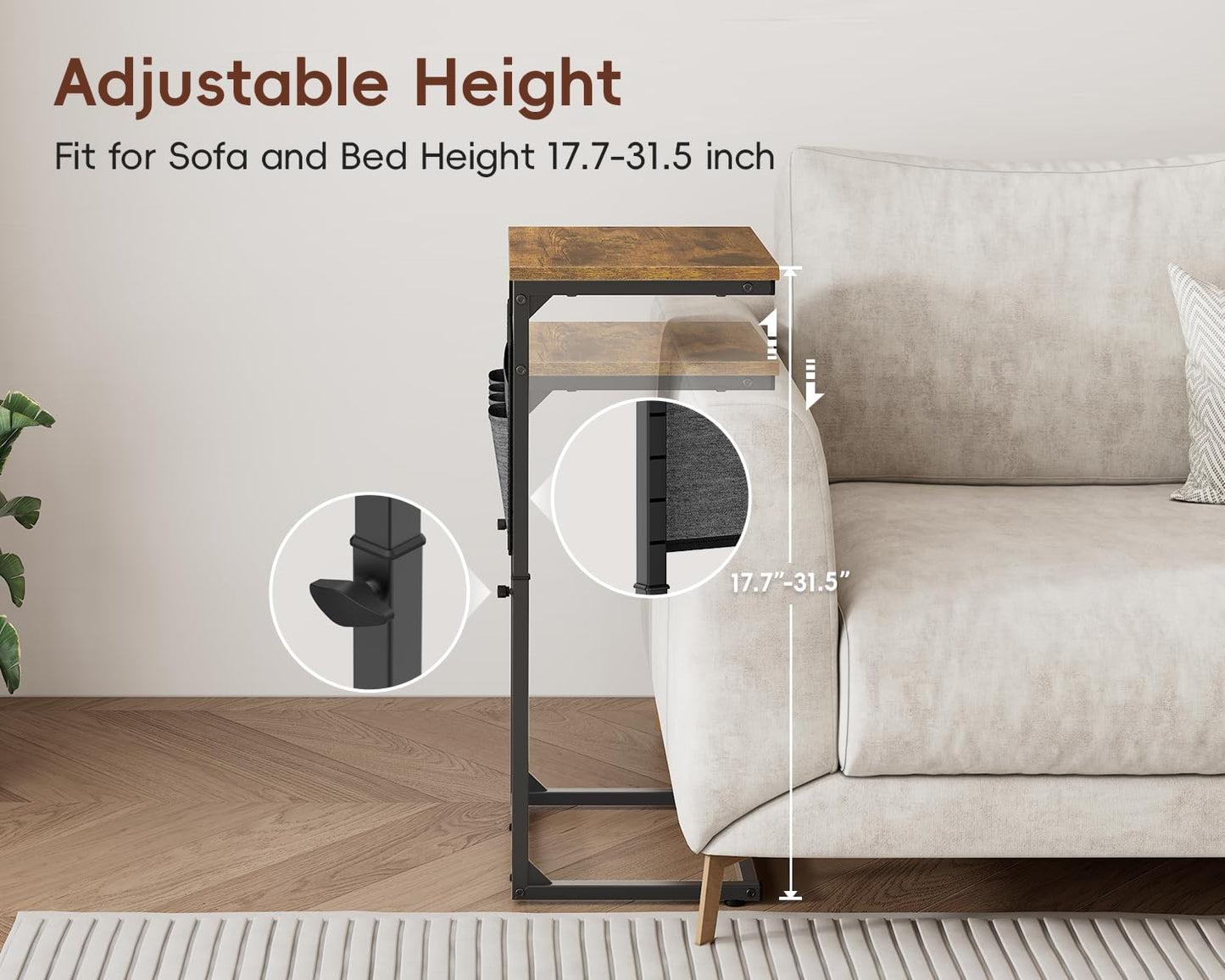 Vagusicc C-Shaped Side Table with Charging Station, Height Adjustable Sofa Side Table, Bedside Table, End Table for Small Spaces