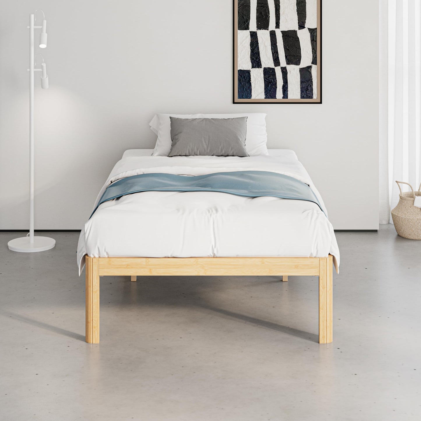 QFtime Bamboo Wood Single Bed Frame, Platform Bed Frame Single with Metal Slats Support, Easy to Install, Noise Free, Sturdy, 44 cm High