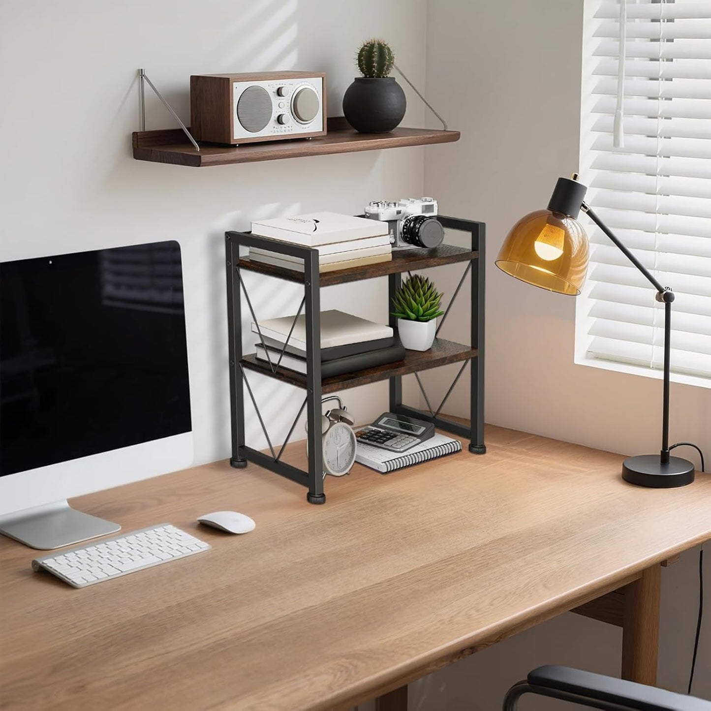 VSIWB Desk Shelf Organizer, 2 Tier Office Shelves, Wood Desk Storage Rack and Freestanding Display Shelf for Office, Dressing Table, Home 41x20x38cm