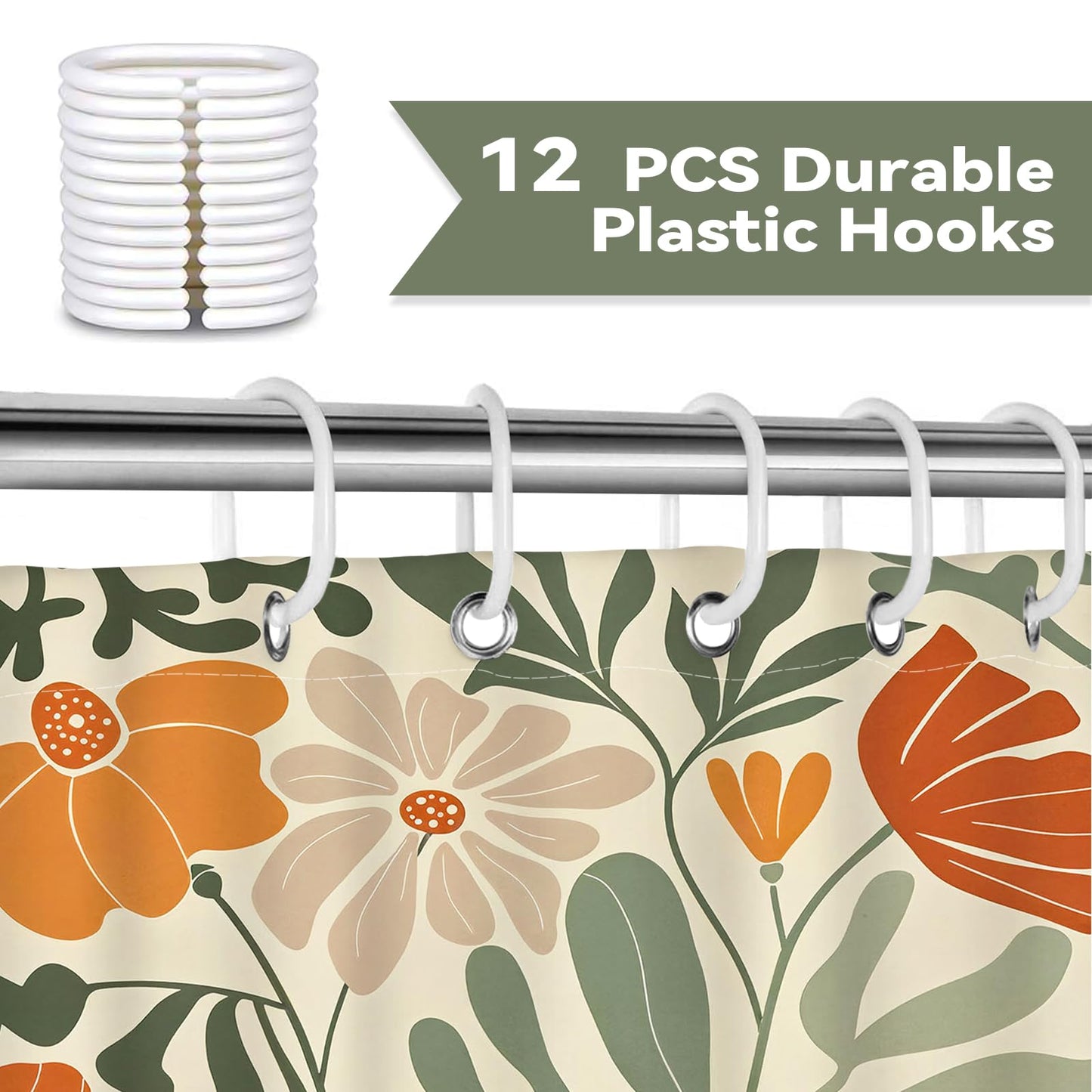 Hopomoon Orange Boho Shower Curtain,Cute Colorful Floral Abstract Plants Spring Bathroom Curtain with 12 Hooks,180 x 180cm