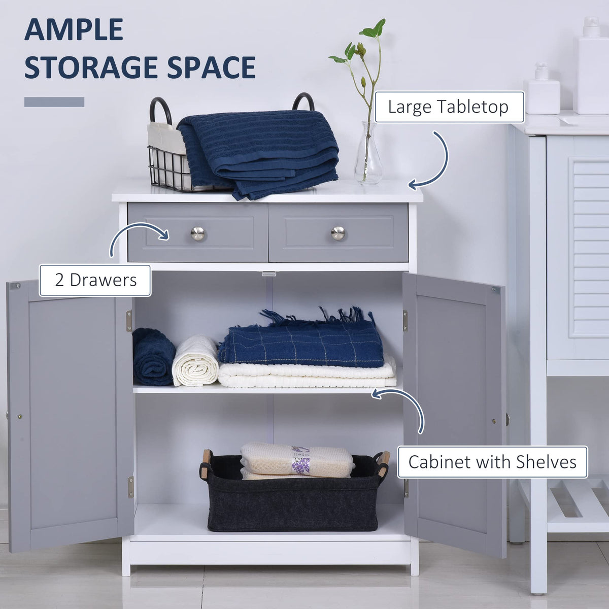 kleankin 75x60cm Freestanding Bathroom Storage Cabinet Unit w/ 2 Drawers Cupboard Adjustable Shelf Metal Handles Traditional Style Grey White