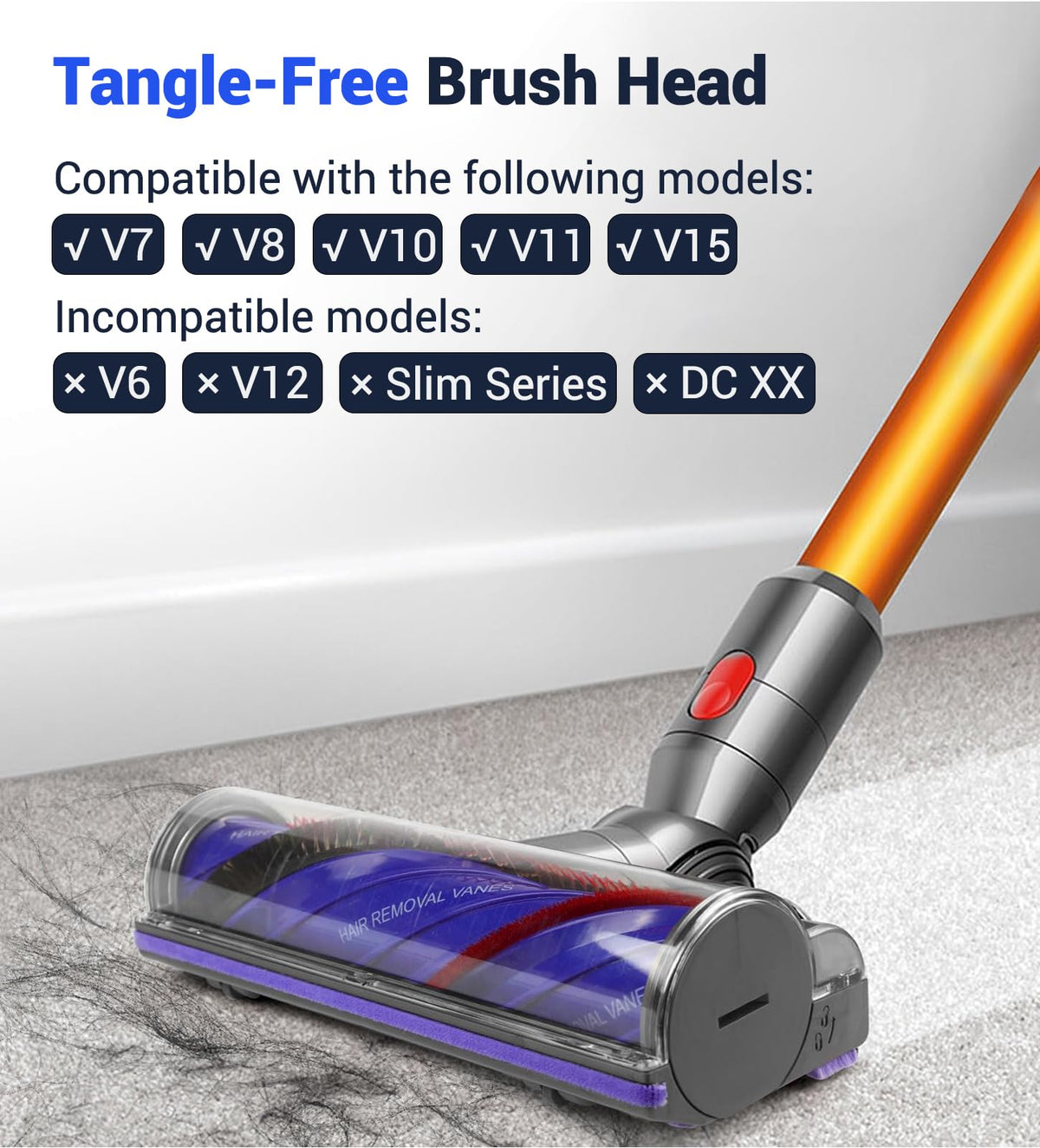 DAMAIYI Upgrade Anti-Tangle Brush Head Compatible with Dyson Vacuum V7, V8, V10, V11, V15 - High Torque 50W Direct Drive Cleaner Head, Head